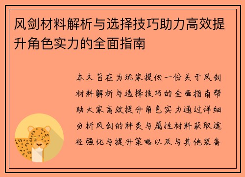 风剑材料解析与选择技巧助力高效提升角色实力的全面指南